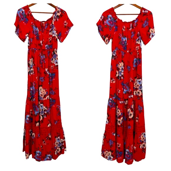 BAND OF GYPSIES Boho Red Floral Maxi Dress Size S - Picture 1 of 10
